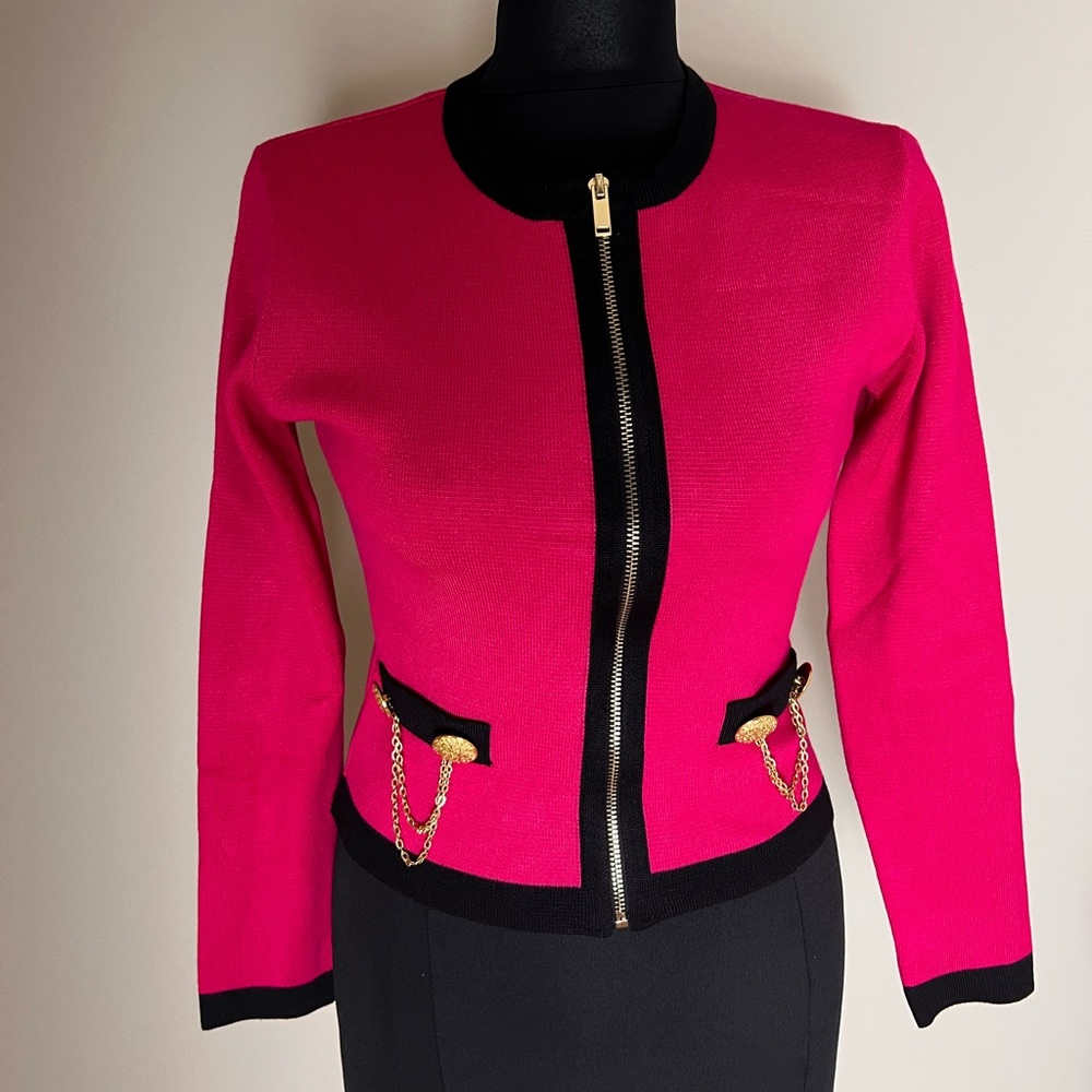Zara Hot Pink Knit Jacket with Gold Accents